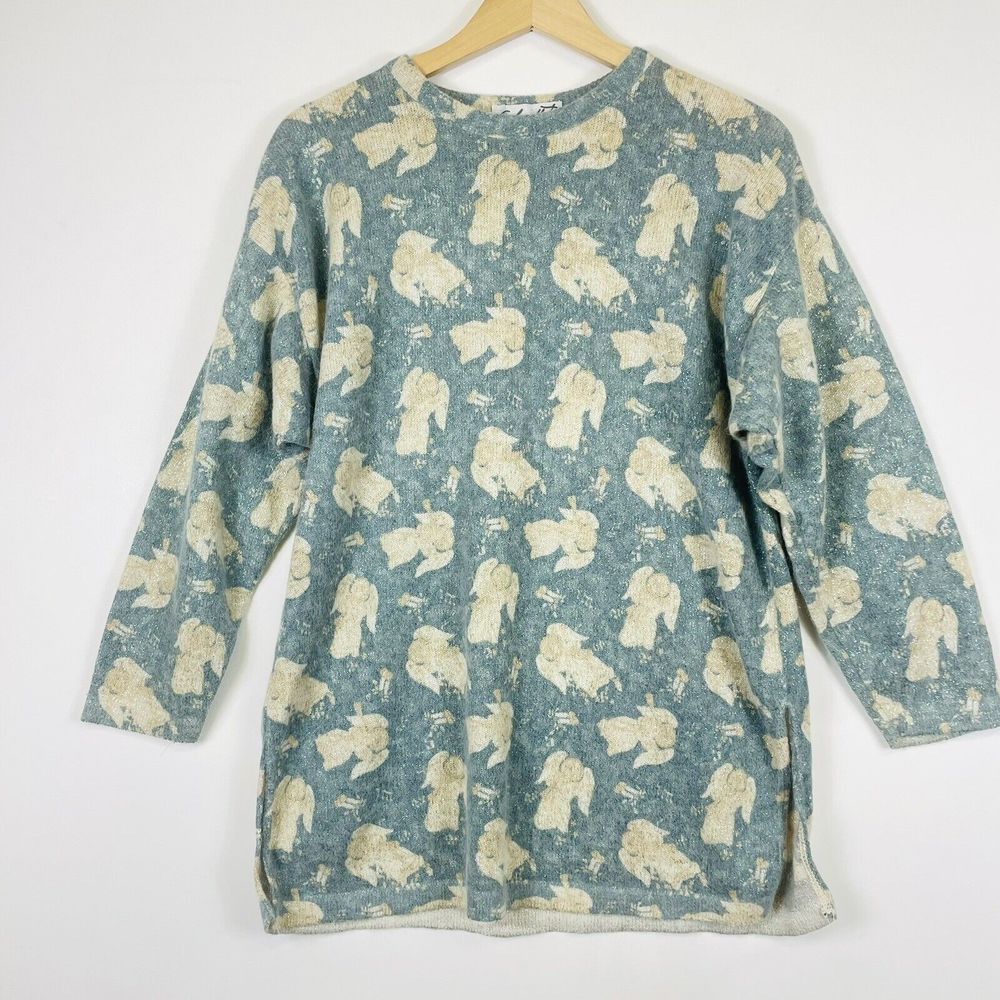 Vtg Gabriella‎ T Sweater Womens Small Blue Christmas Angels Wool Angora Knit